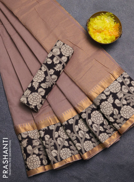 Mangalagiri cotton saree dark beige and black with plain body and rettapet zari woven kalamkari border
