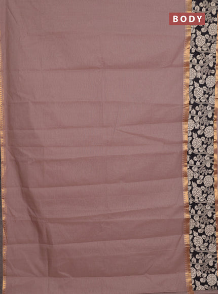 Mangalagiri cotton saree dark beige and black with plain body and rettapet zari woven kalamkari border