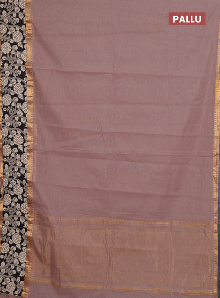 Mangalagiri cotton saree dark beige and black with plain body and rettapet zari woven kalamkari border