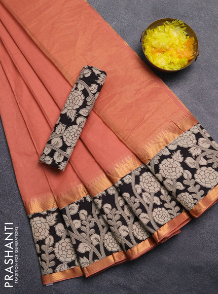 Mangalagiri cotton saree peach shade and black with plain body and rettapet zari woven kalamkari border