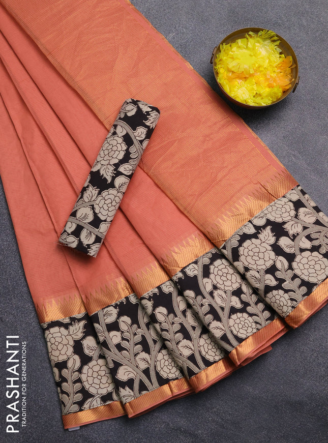 Mangalagiri cotton saree peach shade and black with plain body and rettapet zari woven kalamkari border