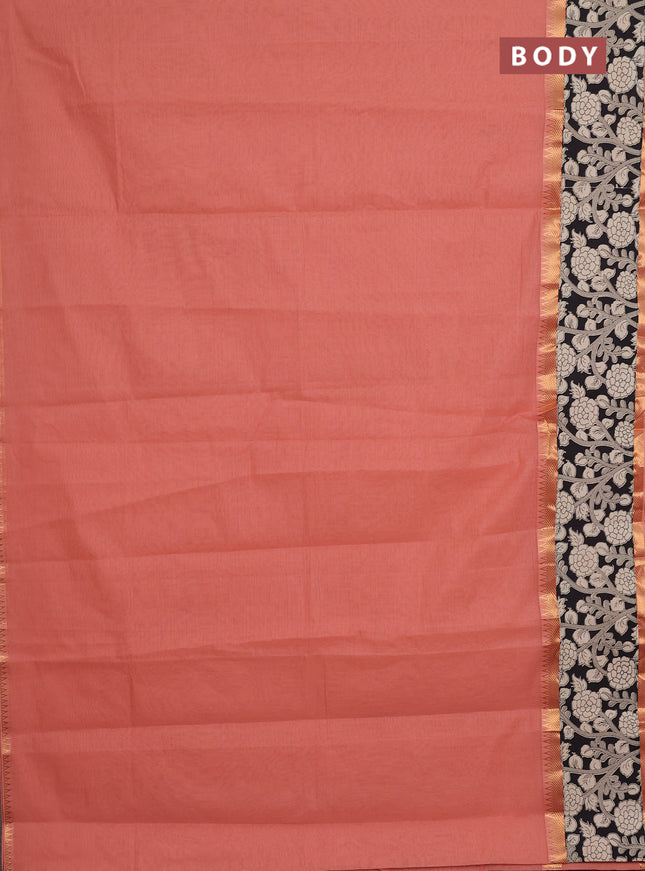 Mangalagiri cotton saree peach shade and black with plain body and rettapet zari woven kalamkari border