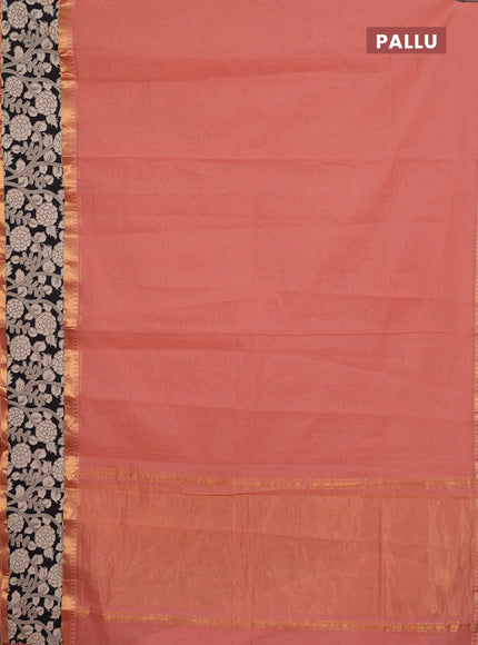 Mangalagiri cotton saree peach shade and black with plain body and rettapet zari woven kalamkari border