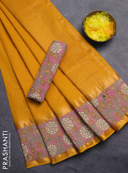 Mangalagiri cotton saree mustard yellow and mauve pink with plain body and rettapet zari woven kalamkari border