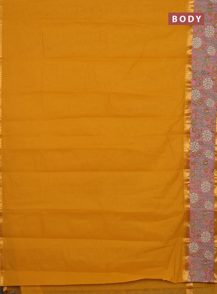 Mangalagiri cotton saree mustard yellow and mauve pink with plain body and rettapet zari woven kalamkari border