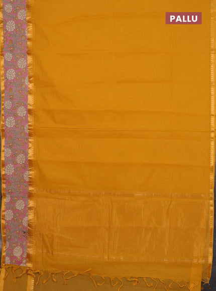 Mangalagiri cotton saree mustard yellow and mauve pink with plain body and rettapet zari woven kalamkari border