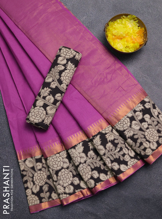 Mangalagiri cotton saree purple and black with plain body and rettapet zari woven kalamkari border