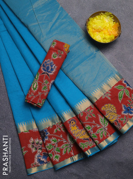 Mangalagiri cotton saree teal blue and maroon with plain body and rettapet zari woven kalamkari border