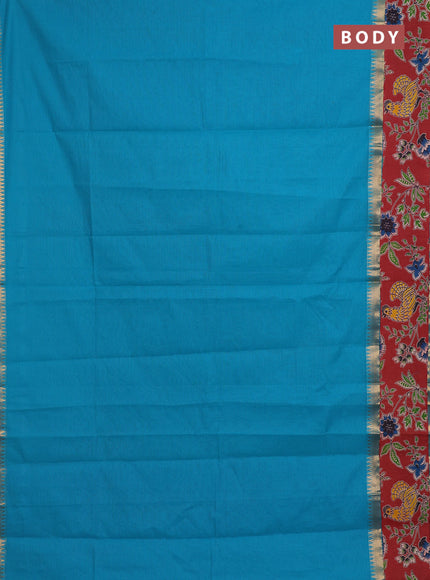Mangalagiri cotton saree teal blue and maroon with plain body and rettapet zari woven kalamkari border