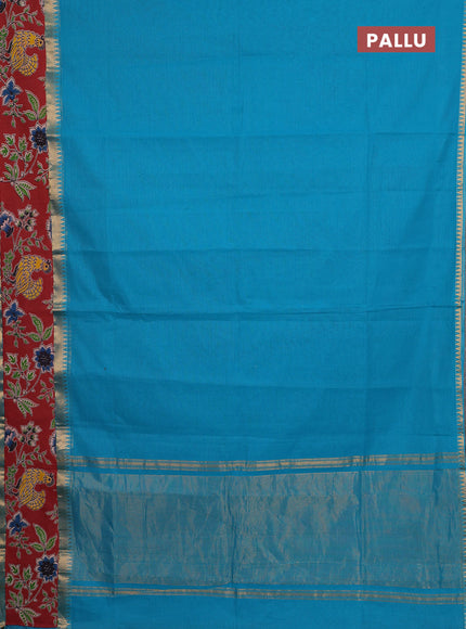 Mangalagiri cotton saree teal blue and maroon with plain body and rettapet zari woven kalamkari border