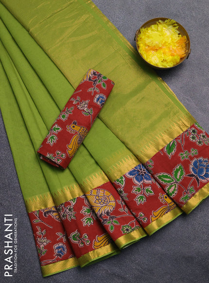 Mangalagiri cotton saree light green and maroon with plain body and rettapet zari woven kalamkari border