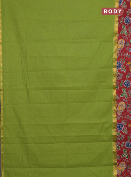 Mangalagiri cotton saree light green and maroon with plain body and rettapet zari woven kalamkari border