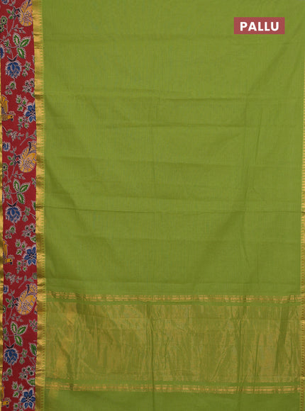 Mangalagiri cotton saree light green and maroon with plain body and rettapet zari woven kalamkari border