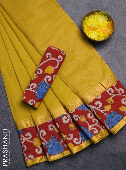 Mangalagiri cotton saree mustard green and maroon with plain body and rettapet zari woven kalamkari border