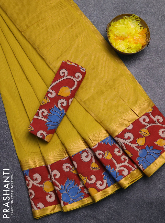 Mangalagiri cotton saree mustard green and maroon with plain body and rettapet zari woven kalamkari border
