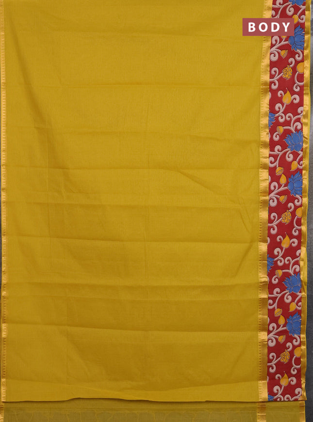 Mangalagiri cotton saree mustard green and maroon with plain body and rettapet zari woven kalamkari border