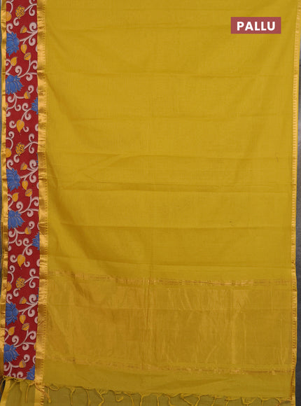Mangalagiri cotton saree mustard green and maroon with plain body and rettapet zari woven kalamkari border