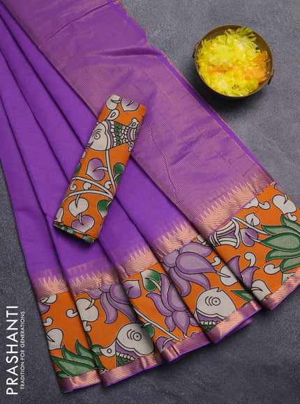 Mangalagiri cotton saree lavender and orange with plain body and rettapet zari woven kalamkari border