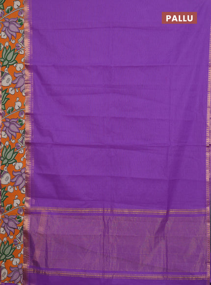 Mangalagiri cotton saree lavender and orange with plain body and rettapet zari woven kalamkari border