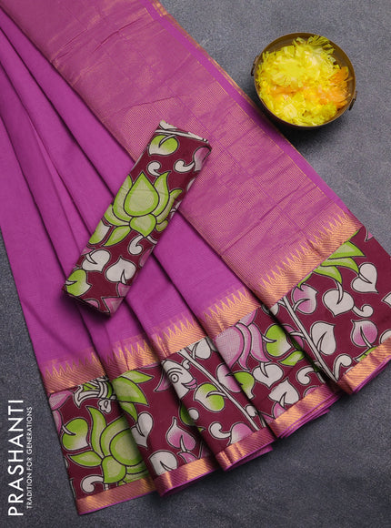 Mangalagiri cotton saree purple and wine shade with plain body and rettapet zari woven kalamkari border