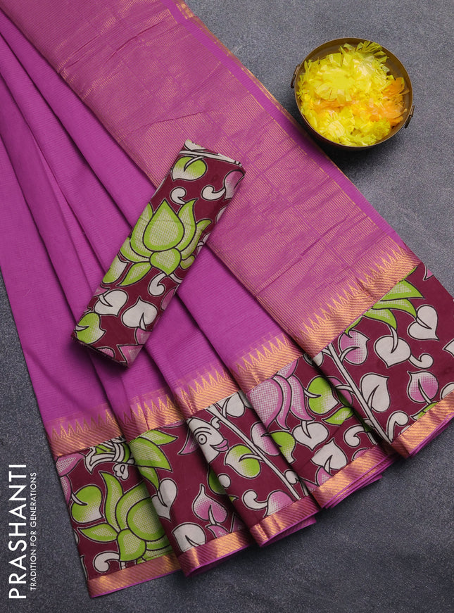 Mangalagiri cotton saree purple and wine shade with plain body and rettapet zari woven kalamkari border