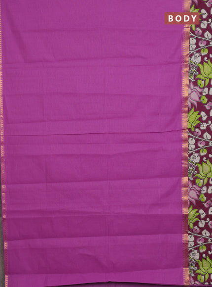 Mangalagiri cotton saree purple and wine shade with plain body and rettapet zari woven kalamkari border
