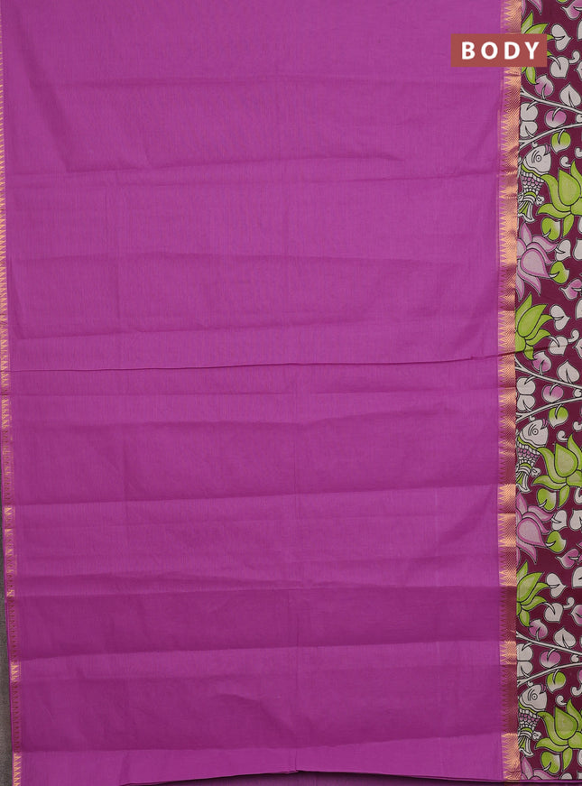 Mangalagiri cotton saree purple and wine shade with plain body and rettapet zari woven kalamkari border