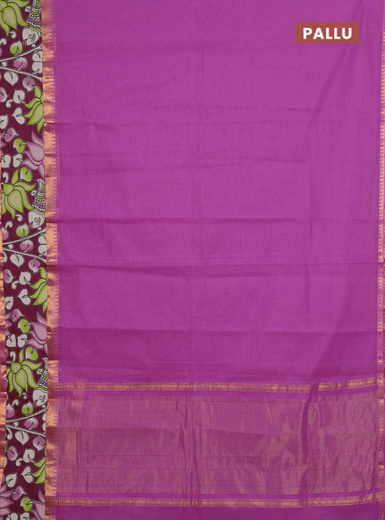 Mangalagiri cotton saree purple and wine shade with plain body and rettapet zari woven kalamkari border