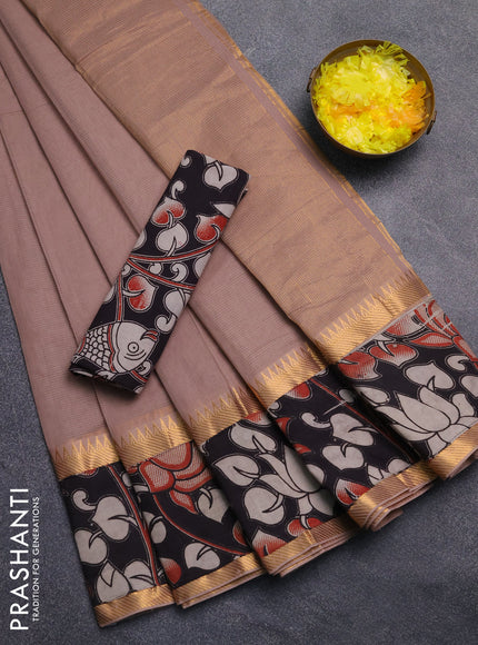 Mangalagiri cotton saree beige and black with plain body and rettapet zari woven kalamkari border