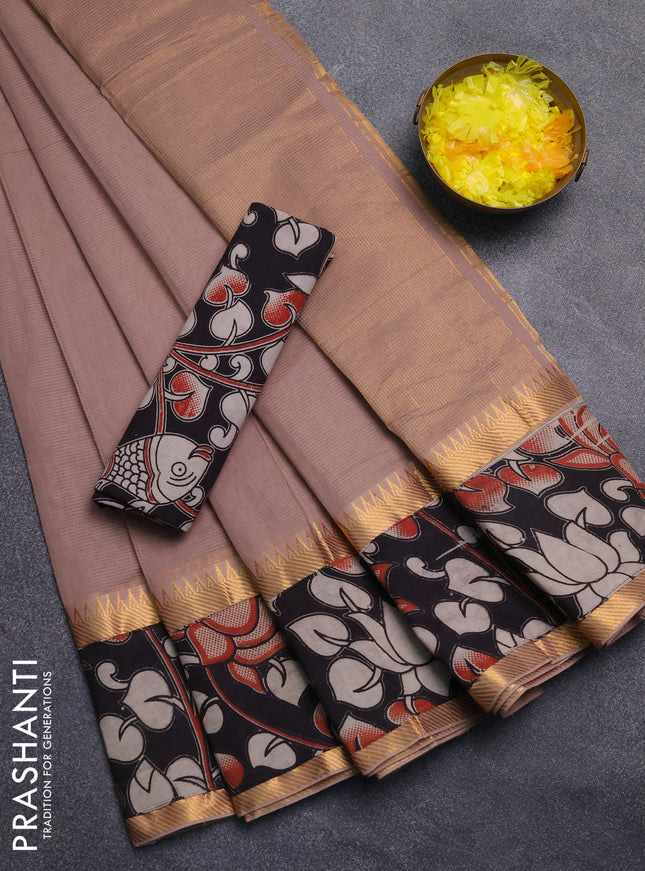 Mangalagiri cotton saree beige and black with plain body and rettapet zari woven kalamkari border