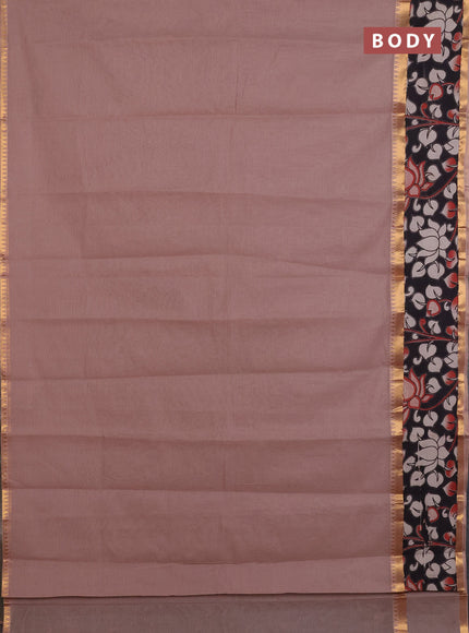 Mangalagiri cotton saree beige and black with plain body and rettapet zari woven kalamkari border