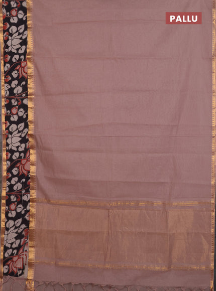Mangalagiri cotton saree beige and black with plain body and rettapet zari woven kalamkari border