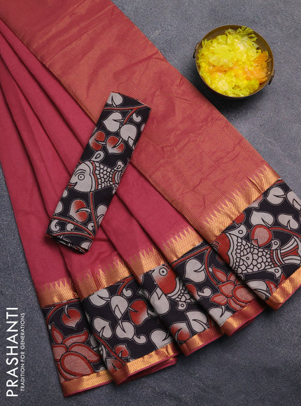 Mangalagiri cotton saree dark peach and black with plain body and rettapet zari woven kalamkari border