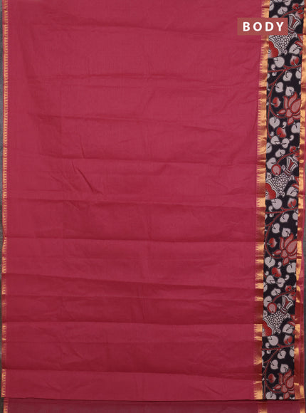 Mangalagiri cotton saree dark peach and black with plain body and rettapet zari woven kalamkari border
