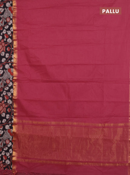 Mangalagiri cotton saree dark peach and black with plain body and rettapet zari woven kalamkari border