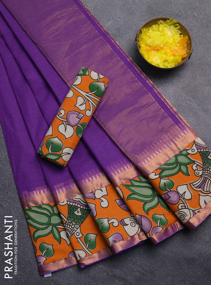 Mangalagiri cotton saree violet and orange with plain body and rettapet zari woven kalamkari border