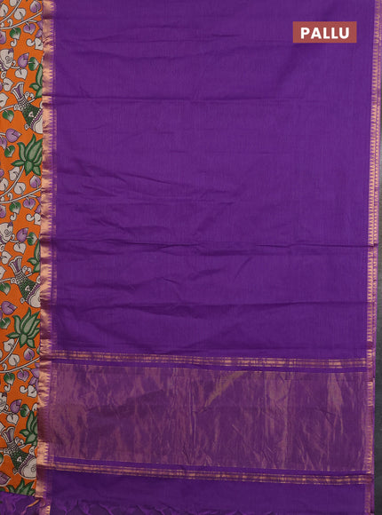 Mangalagiri cotton saree violet and orange with plain body and rettapet zari woven kalamkari border