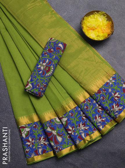 Mangalagiri cotton saree light green and blue with plain body and rettapet zari woven kalamkari border