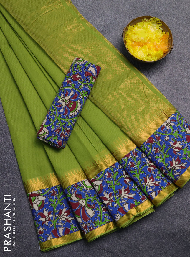 Mangalagiri cotton saree light green and blue with plain body and rettapet zari woven kalamkari border