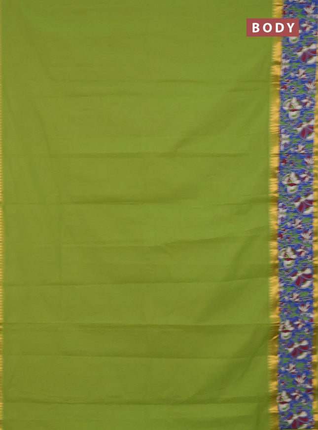 Mangalagiri cotton saree light green and blue with plain body and rettapet zari woven kalamkari border