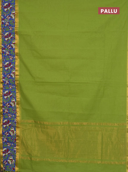 Mangalagiri cotton saree light green and blue with plain body and rettapet zari woven kalamkari border