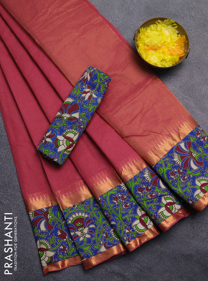Mangalagiri cotton saree dark peach and blue with plain body and rettapet zari woven kalamkari border