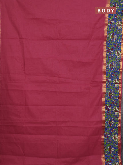 Mangalagiri cotton saree dark peach and blue with plain body and rettapet zari woven kalamkari border