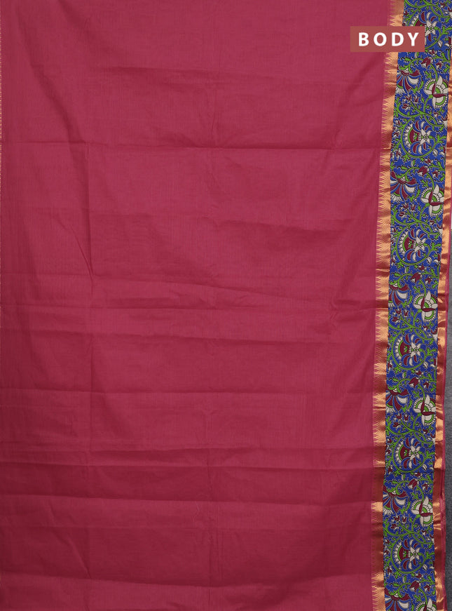 Mangalagiri cotton saree dark peach and blue with plain body and rettapet zari woven kalamkari border