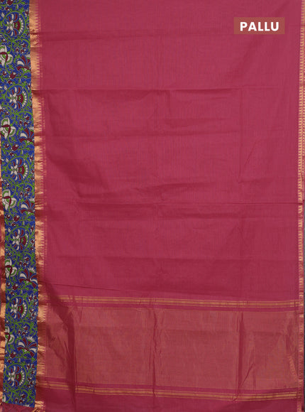 Mangalagiri cotton saree dark peach and blue with plain body and rettapet zari woven kalamkari border
