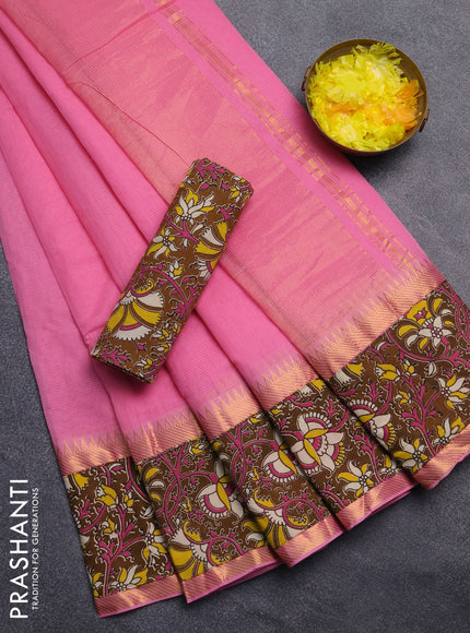Mangalagiri cotton saree pink and brown with plain body and rettapet zari woven kalamkari border