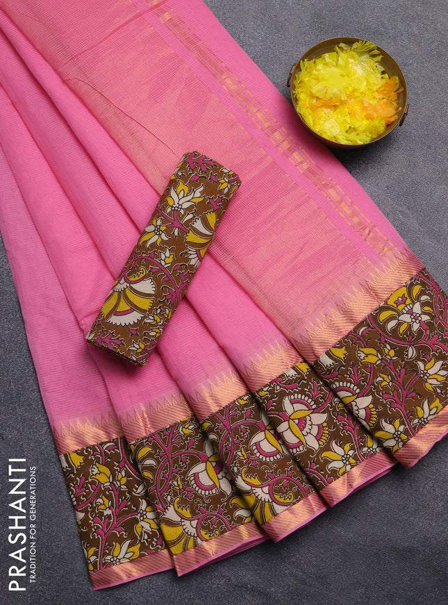 Mangalagiri cotton saree pink and brown with plain body and rettapet zari woven kalamkari border