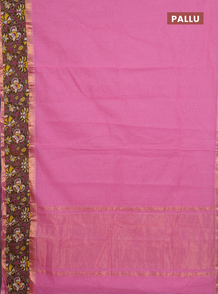Mangalagiri cotton saree pink and brown with plain body and rettapet zari woven kalamkari border