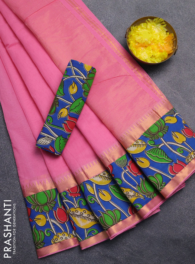 Mangalagiri cotton saree light pink and blue with plain body and rettapet zari woven kalamkari border