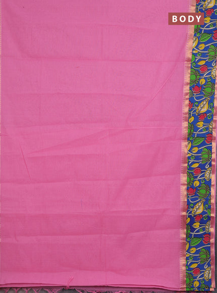 Mangalagiri cotton saree light pink and blue with plain body and rettapet zari woven kalamkari border